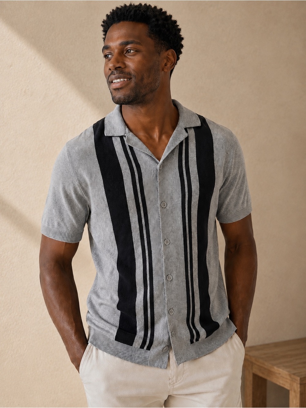 Topman Grey Short-Sleeve Button-Down Shirt with Black Stripes
